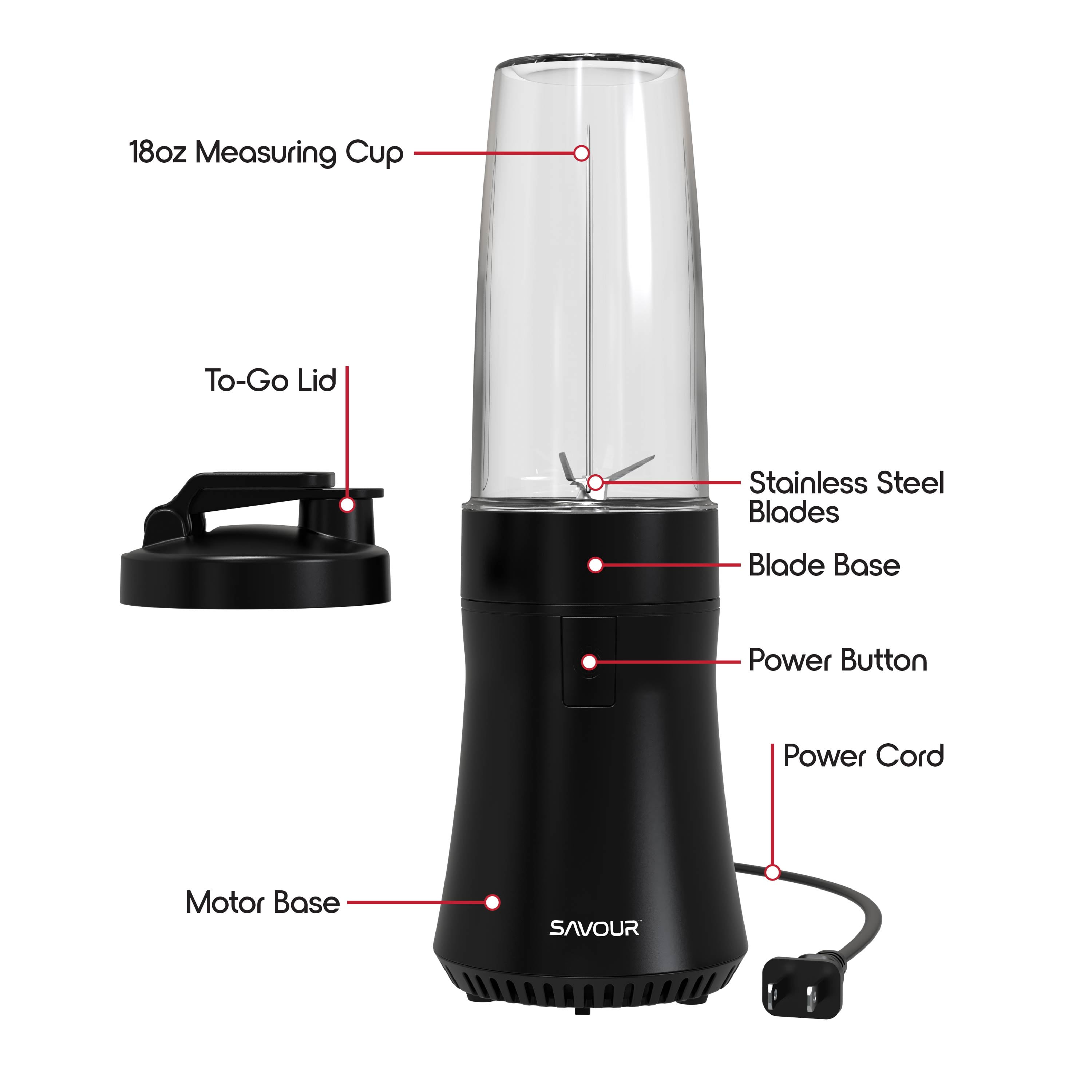 Savour by Tzumi 300W Mini Smoothie Blender – 18oz. Countertop Mini Blender for Smoothies, Sauces, Cocktails and More