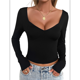 thumbnail image 3 of Camisetas de Larga con Cuello en V para Mujer, Top Corto con Doble Forro y Copas con Costura para Salir. Negro XL, 3 of 10