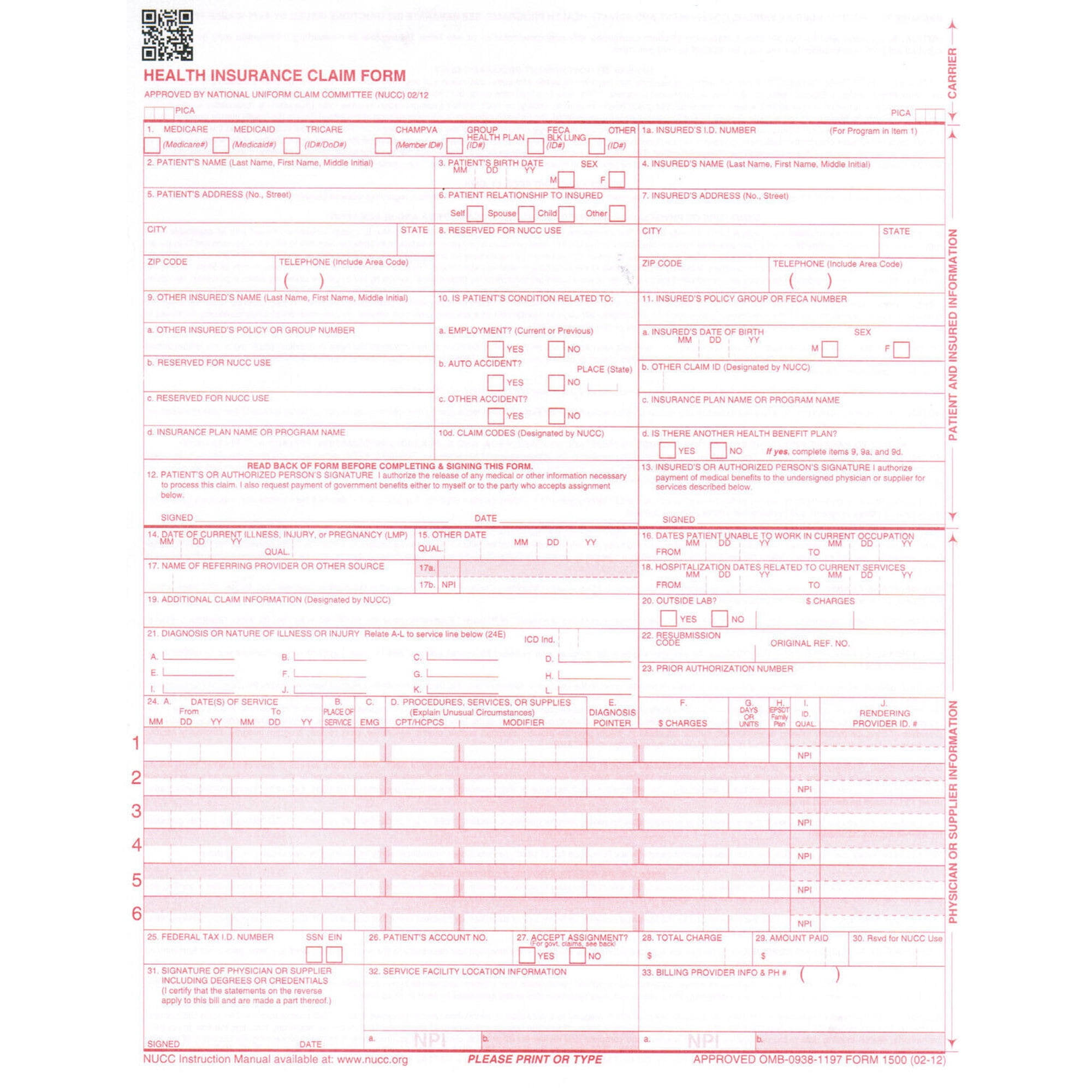 New CMS-1500 02/12 Health Insurance Claim Form (25 forms)