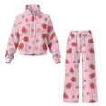 thumbnail image 4 of Xoenoiee Pink Strawberry Flower Print Lounge Sets for Women 2 Piece Fall Outfits Wide Leg Pants Leisure Travel Vacation Clothes Long Sleeve Sweatsuits Two Piece Set, S, 4 of 7