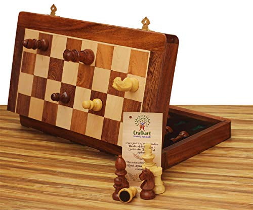 Portable Chess Game Handmade in Fine Wood with Storage for Chessmen 12.5/” Magnetic Wooden Folding Board Deals on Best 12.5 Inch Chess Set Crafkart Travel Chess Set with Extra Queen
