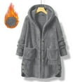 thumbnail image 2 of Women's Fleece Coats Button Solid Color Fuzzy Hooded Cardigan Fleece Lined and Thickened Long Jackets with Pockets (M, Gray), 2 of 5
