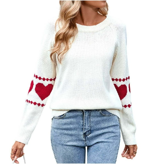 Women Cute Heart Sweaters Long Sleeve Valentines Day Sweater Crew Neck Casual Ribbed Knit Pullover Top White, M