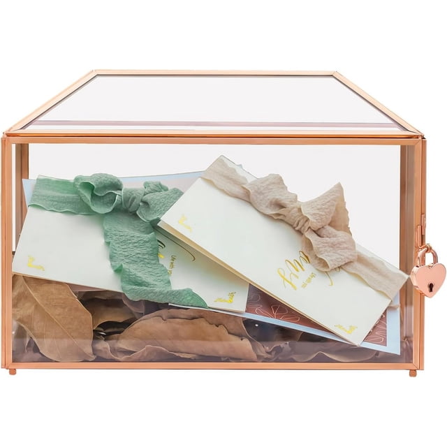 Small .‘‘ x .‘‘ x .‘‘ Glass Card Box with Slot & Lock for Wedding Reception Geometric Clear Envelops Box Suitable for x es Cards Gold (Slot Length cm) Handmade