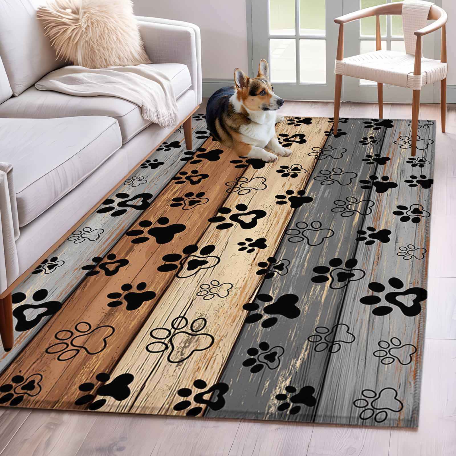 Area Rug for Living Room, Haze Blue Brown Non-Slip Indoor Large Carpet for Bedroom/Dining Room, Rustic Farmhouse Dog Paw Vintage Washable Low-Profile Rectangle Floor Mat Runner Rugs - 3 x 5 Ft