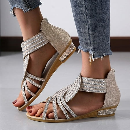 

XIAQUJ Spring and Summer Women Wedges Open Toe Breathable Sandals Zipper Casual Rhinestones Shoes Sandals for Women Beige_002 9.5-10(42)