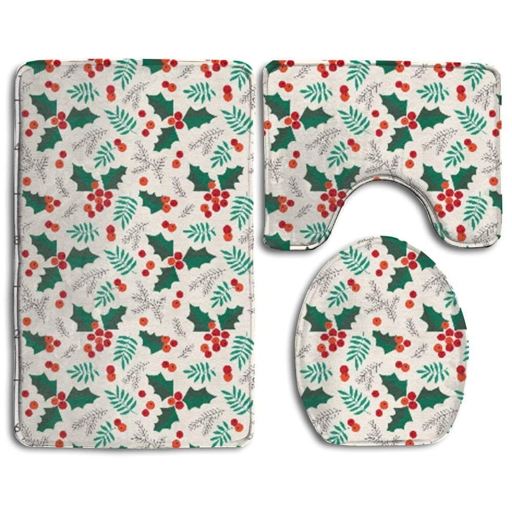 PUDMAD Christmas Holly and Berries 3 Piece Bathroom Rugs Set Bath Rug