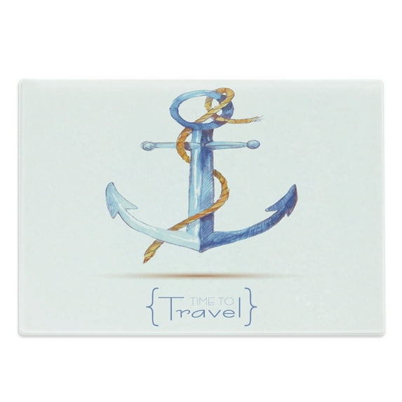 Anchor Cutting Board, Watercolors Anchor and Rope Time to Travel Classic Sail Emblem Drogue Voyage, Decorative Tempered Glass Cutting and Serving Board, Large Size, Blue White Brown, by Ambesonne