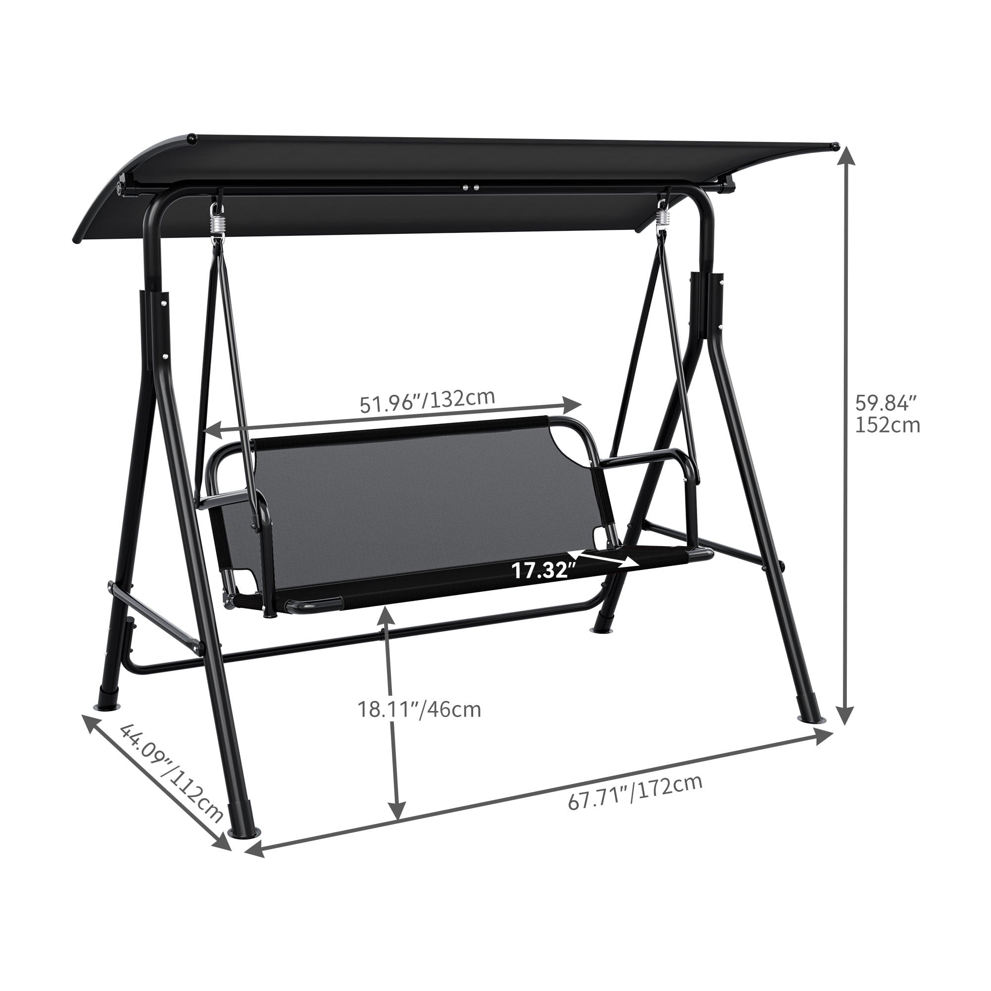 Uforic 3 Person Porch Swing Heavy Duty Outdoor Patio Swing Chair with Adjustable Canopy Weather Resistant Steel Frame for Garden, Lawn, Balcony, Black