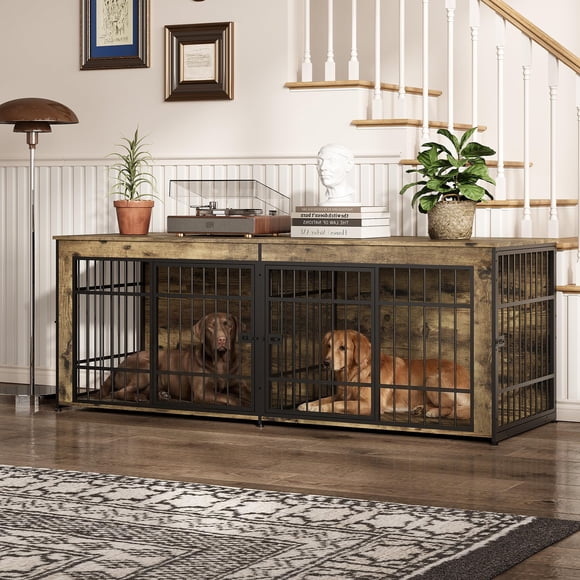 Grand Meuble Cage pour Chien en Bois – Chenil Rustique Brun à 4 Portes avec Rangement (Très Robuste, Design de Table d'Appoint)