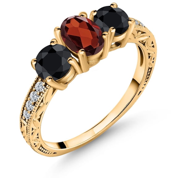 Gem Stone King 2.37 Ct Oval Red Garnet Black Sapphire 18K Yellow Gold Plated Silver Ring (Size 8)
