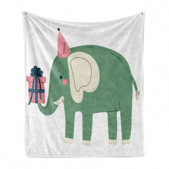 Teal Animal Soft Flannel Fleece Throw Blanket, Birthday Animal with Hat and Gift Box, Cozy Plush for Indoor and Outdoor Use, 60" x 80", White Laurel Green Pink, by Ambesonne