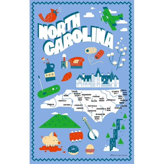 Vestiges North Carolina State Icons Souvenir Tea Towel 21.5" x 32" Eco-Friendly