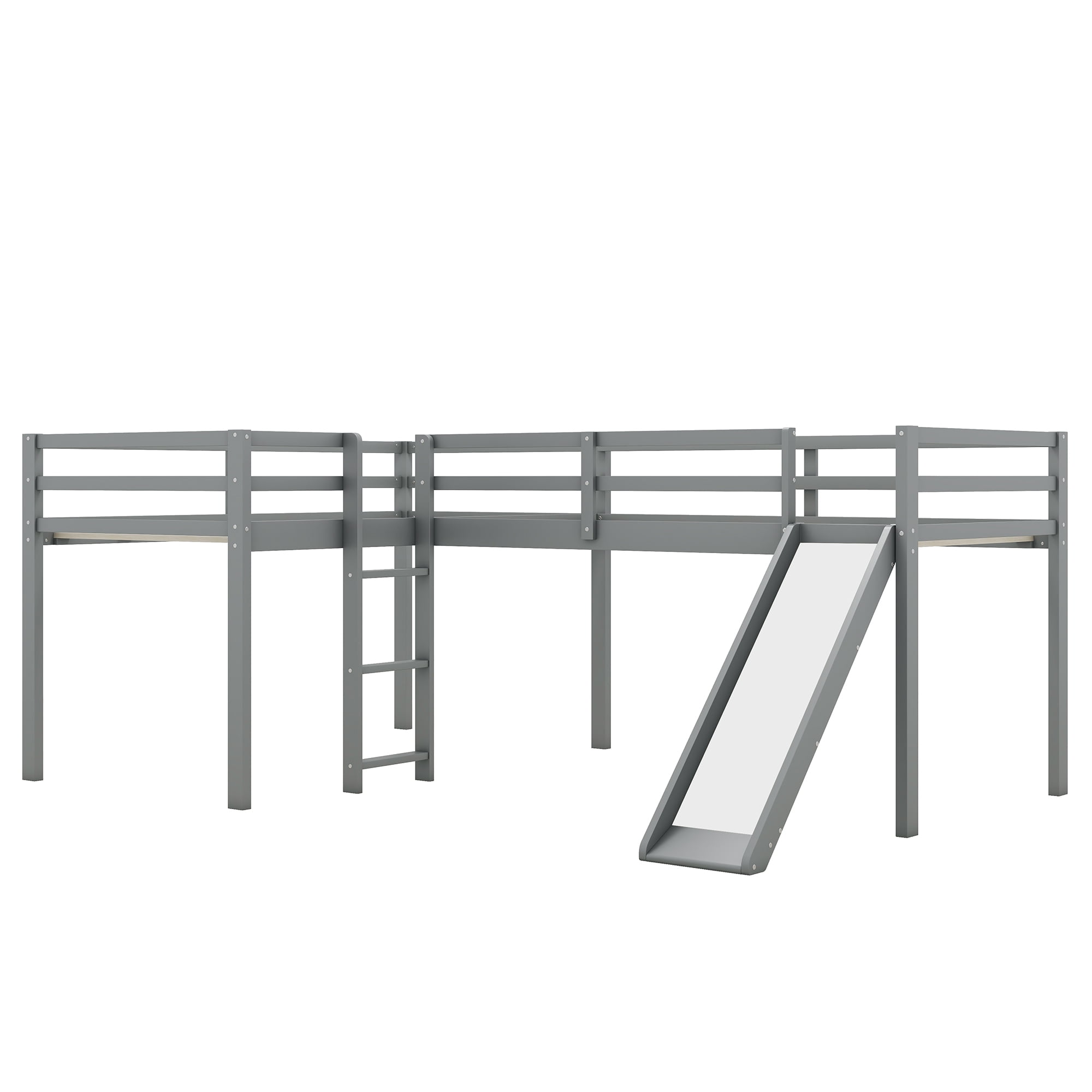 Euroco Twin L-Shaped Low Loft Bed with Movable Two-Tier Shelves for Kids Teens, Gray