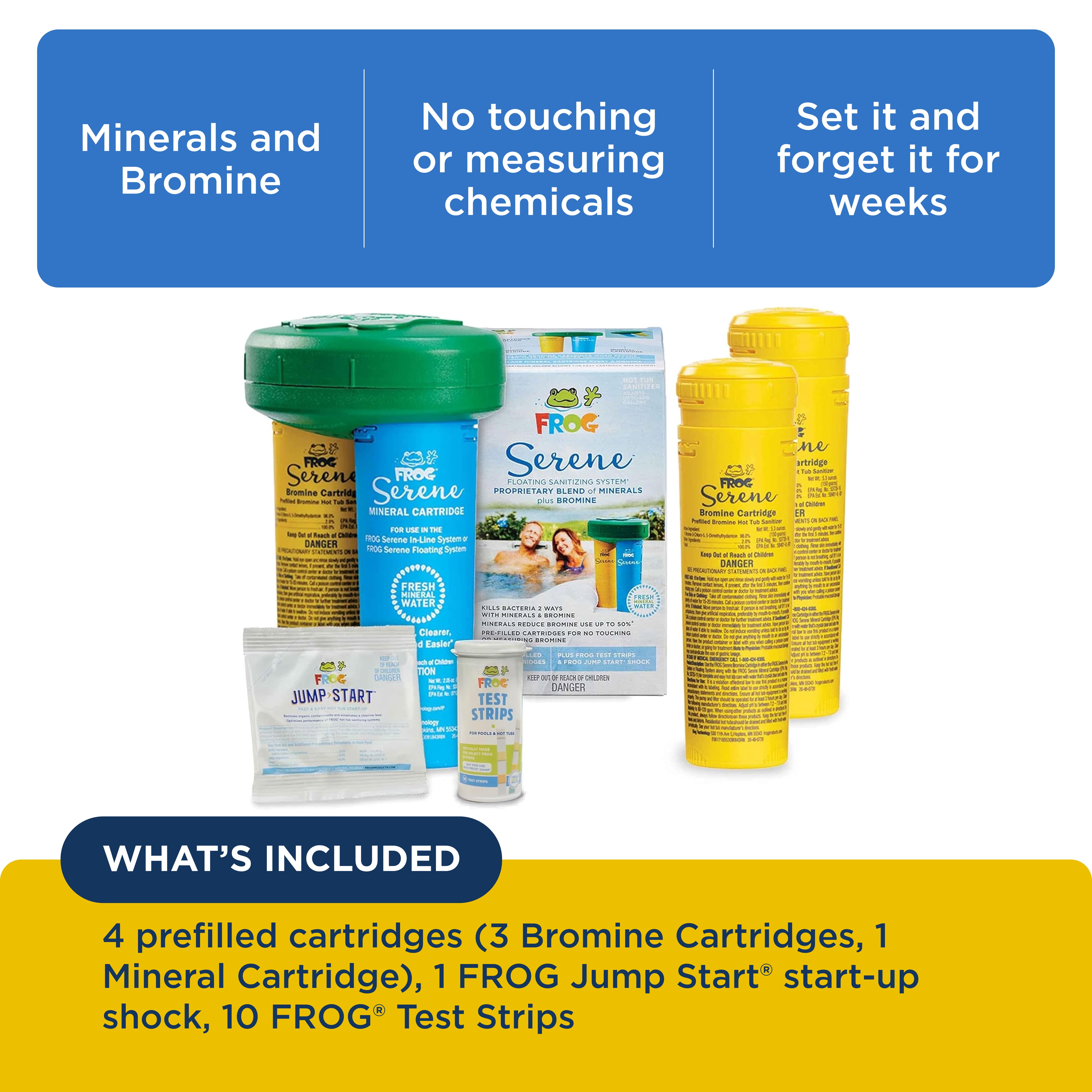 FROG Serene Floating System for Hot Tubs with 2 Replacement Bromine Cartridges - Prefilled Hot Tub Sanitizer - Tub Maintenance System with Sanitizing Minerals & Bromine
