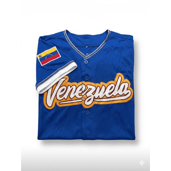 Baseball Jersey with flag Venezuela - Blue Athletic Button-Down Fan Shirt - Size S to 3XL