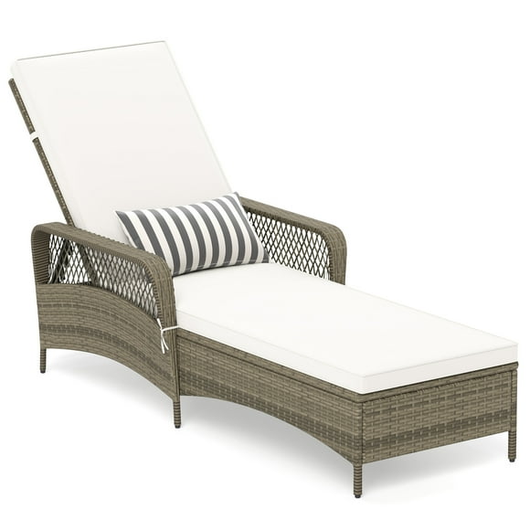 Gymax Patio Rattan Chaise Lounge Outdoor PE Wicker Sun Lounger w/ Adjustable Backrest Mix Gray