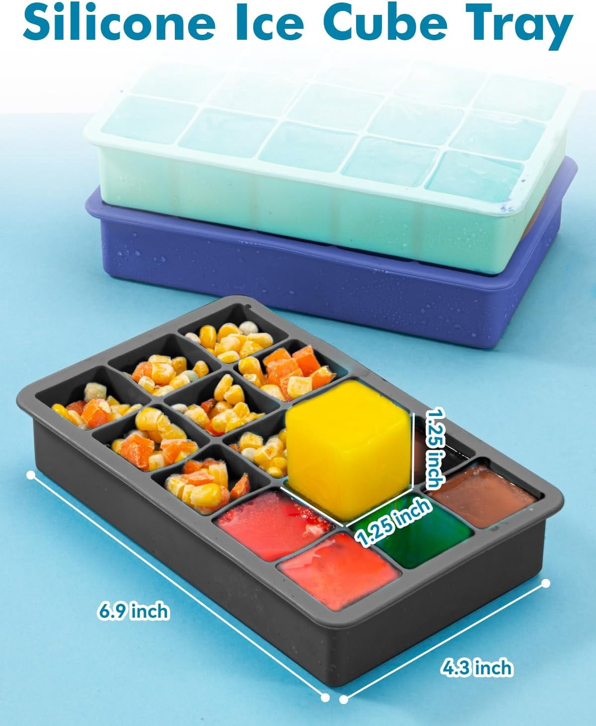 2-Pack Silicone Ice Cube Trays – 1.25" Square, 30 Cubes (15 per Tray), Easy-Release – BPA-Free – For Freezer/Cocktail/Whiskey – 5 Colors