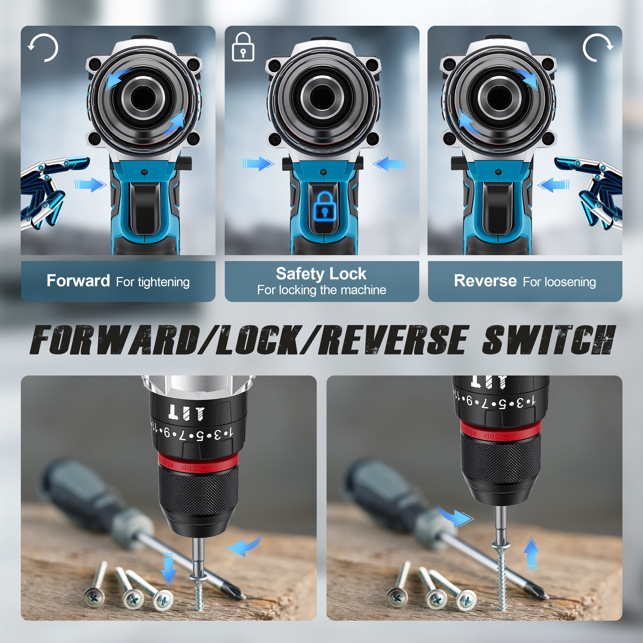 RELOIVE 21V Cordless Drill Driver,Power Drill Set with 2×2000mAh Batteries,4-in-1 Function,45N.m Max Torque,3/8" Keyless Chuck, 25+3 Position