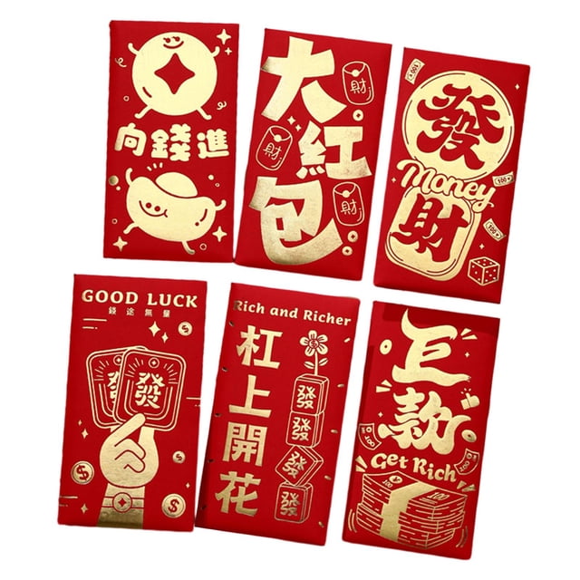 6 sobres rojos del año Nuevo Lunar chino, paquetes rojos, sobres de dinero Hongbao para dinero en efectivo para cumpleaños, Festival de Primavera de Estilo F