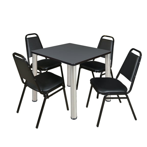 Romig Trek 30 in Square Breakroom Table- Grey Top, Chrome Legs, 4 Restaurant Stack Chairs