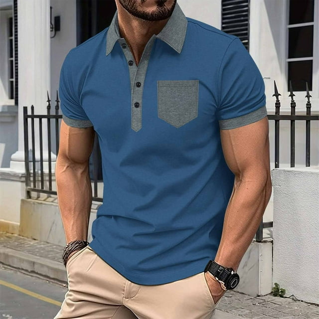 pstuiky Camisas de manga corta para hombre, Camisa de manga corta con botones y bolsillo para hombre, con cuello abatible y bloques de color camisas casuales para hombre xl