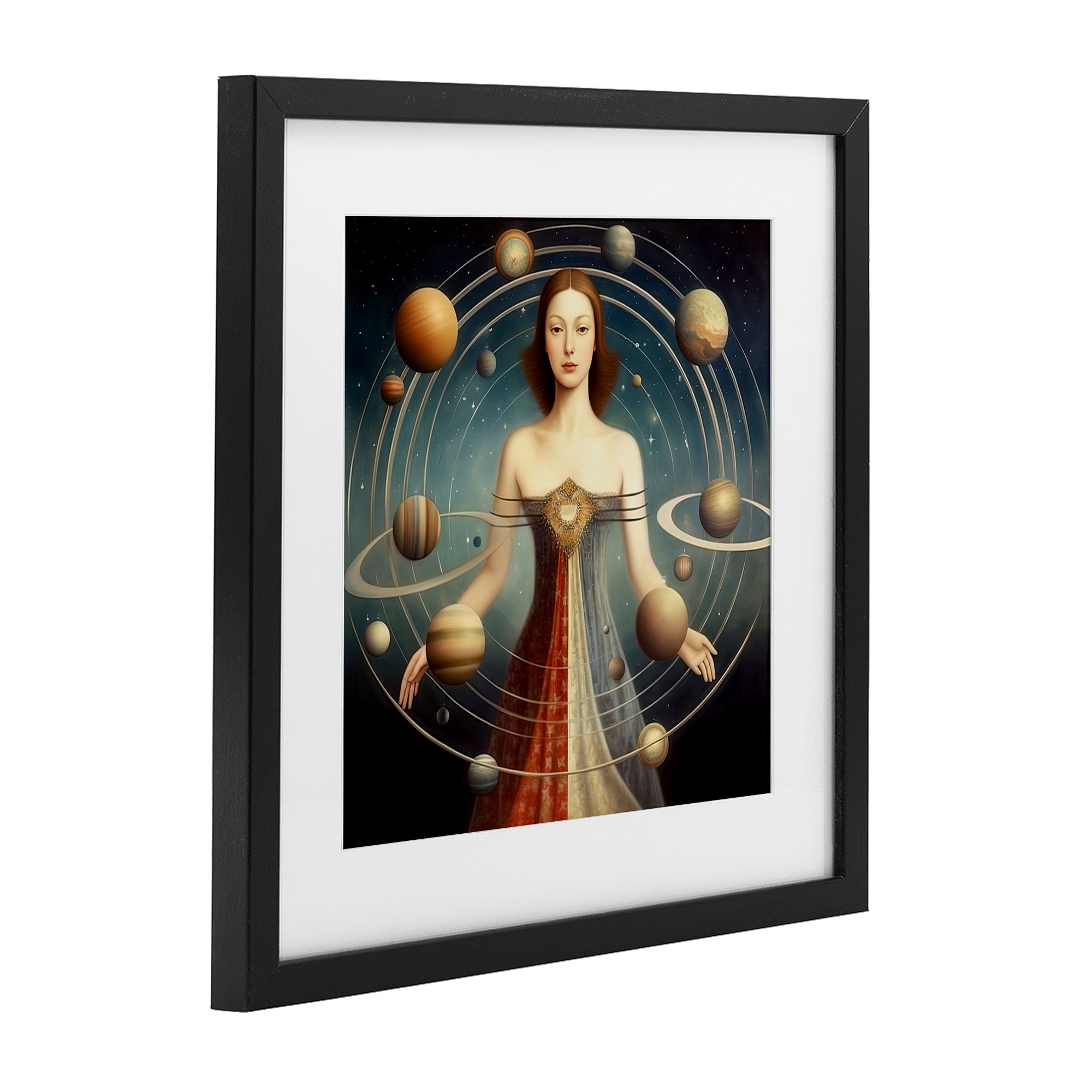 Galactic Orbits Woman Black Framed Print Under Glass, design by Sasha