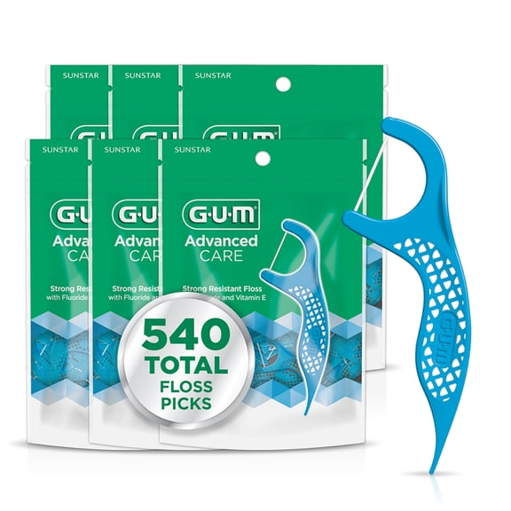 GUM Advanced Care Floss Picks, Dental Flossers for Adults with Vitamin E & Fluoride, 90 Count (Pack of 6)