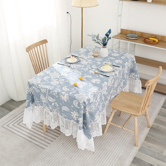 Summer Blue Tablecloth White Flowers Table Cover, Rectangle Lace Table Cloth for Picnic Party Kitchen Dining Room150*200cm
