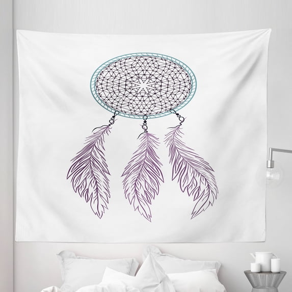 Bohemian Art Tapestry, Dreamcatcher Drawing Detailed Design Folkloric Art on Plain Back, Fabric Wall Hanging Decor for Bedroom Living Room Dorm, 5 Sizes, Purple Grey Pale Teal, by Ambesonne