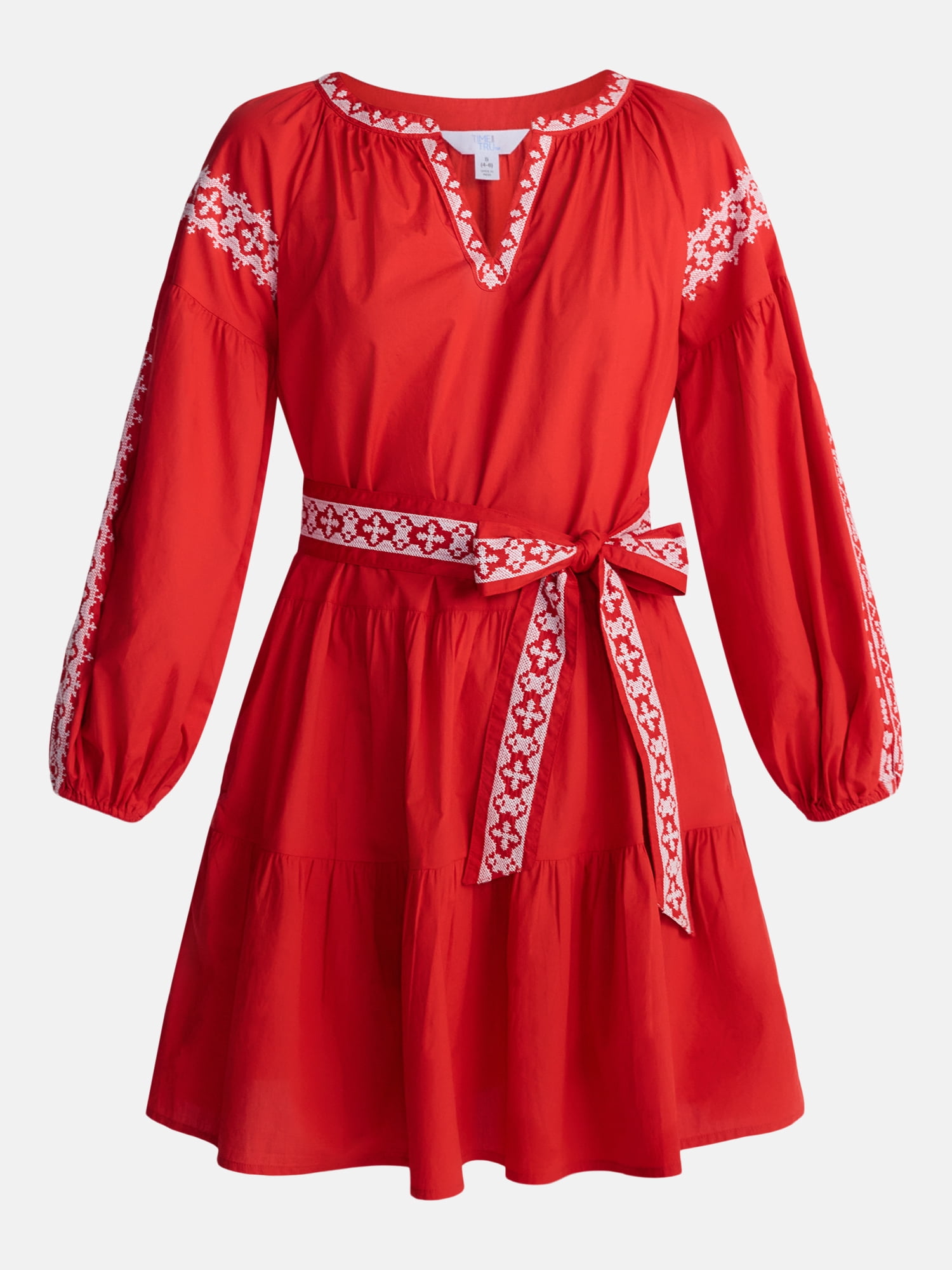 Time and Tru Women's Embroidered Cotton Mini Dress with Long Sleeves, Sizes XS-XXXL