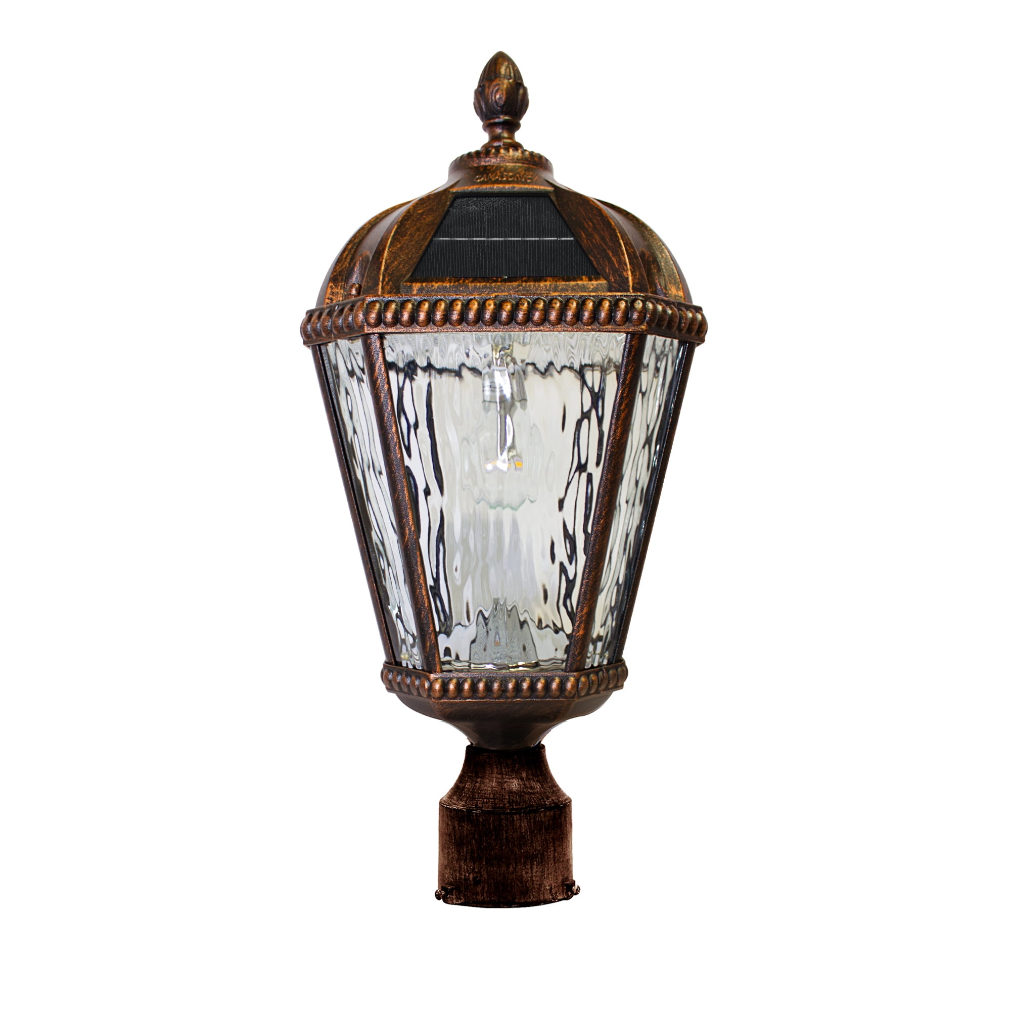 Gama Sonic Outdoor Solar Post Light, Brushed Bronze Finish Aluminum, Royal Bulb, Clear Rainwater Glass, 3-inch Fitter for Lamp Posts or Pier Mount (Sold Separately) 98B112