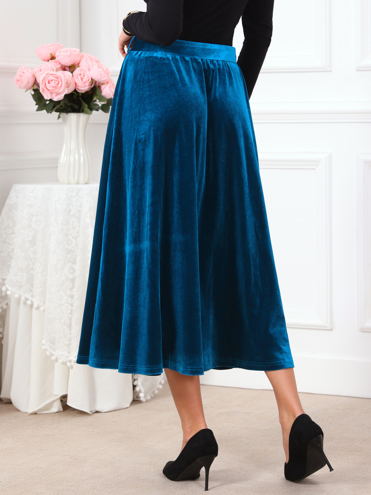 DARING DIVA Women's Velvet Long High Waist Elegant Cocktail Skirt S Blue Green