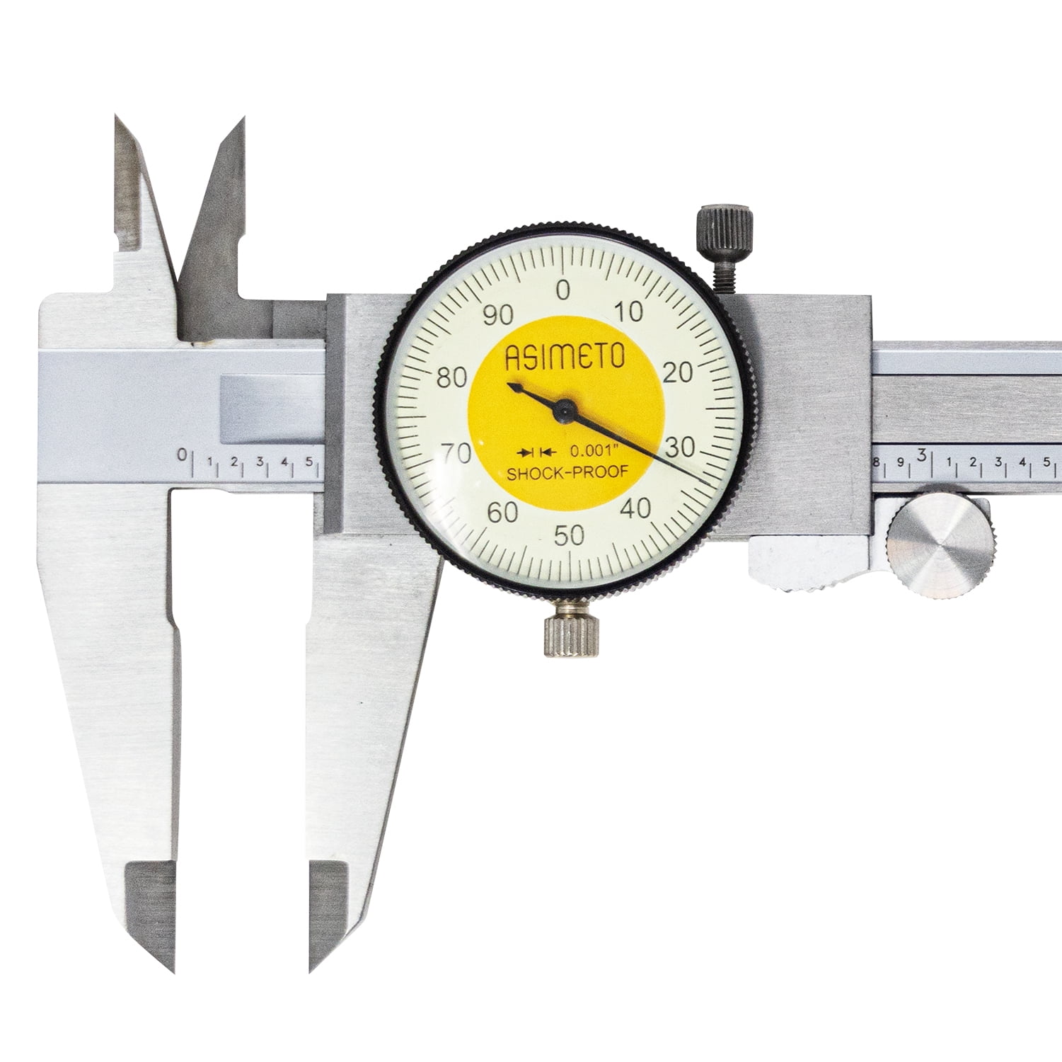 Asimeto 7303081 0-8" Dial Caliper| Graduation: 0.001", Jaw Length: 3/4", Range Per Revolution: 0.1"| Material: Stainless Steel| Preloaded Dual Pinions| Thumb Roller Included