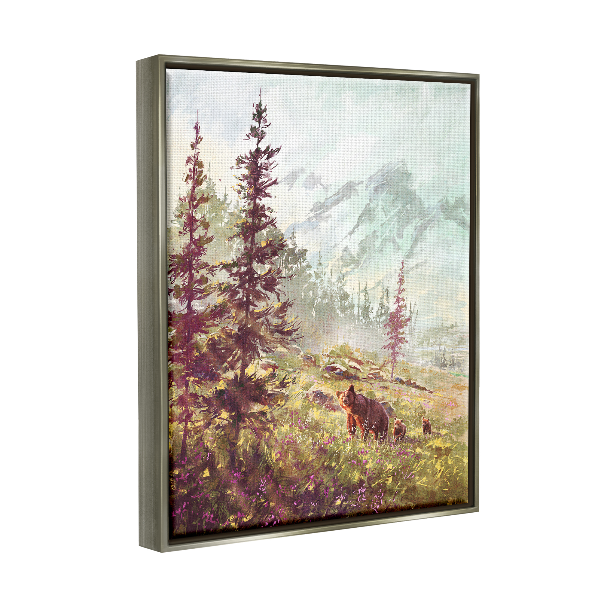 Stupell Baby Bear Family Woodland Mountains Animals & Insects Painting Gray Floater Framed Art Print Wall Art