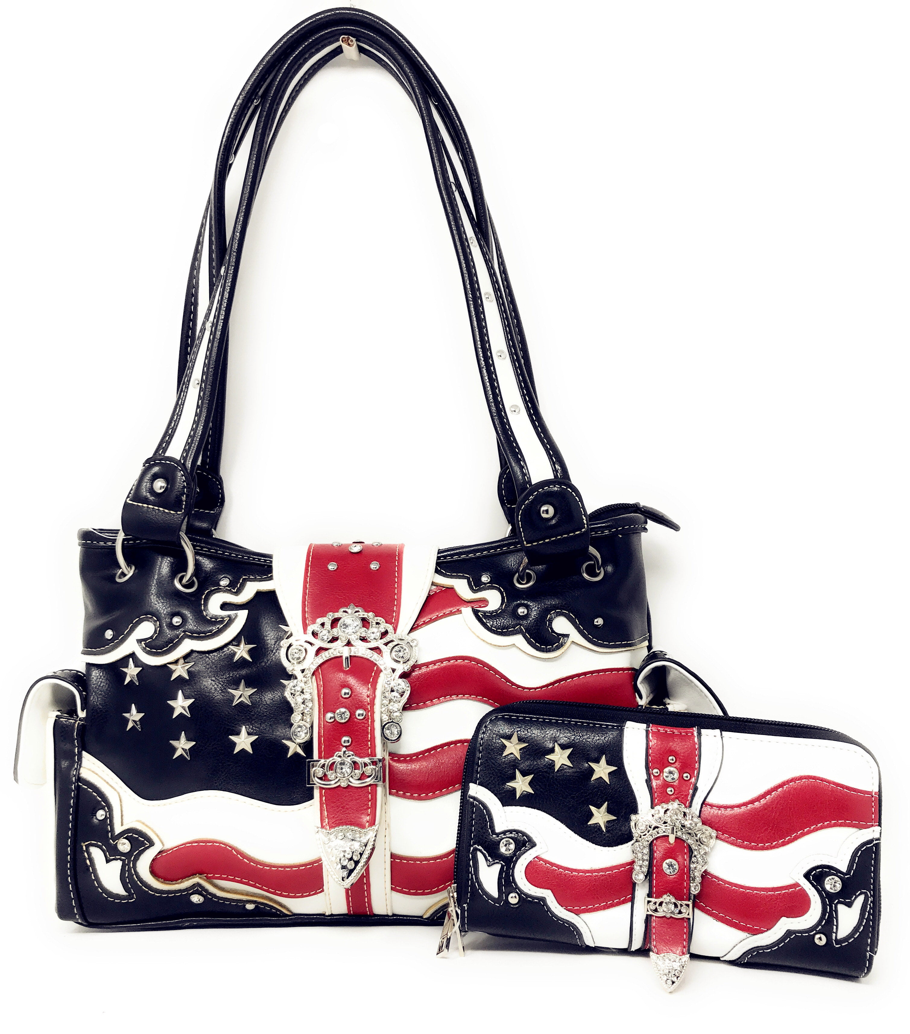 Texas West American Flag Rhinestone Women Leather Concealed Handbags Purse Wallet Set In Multi ...