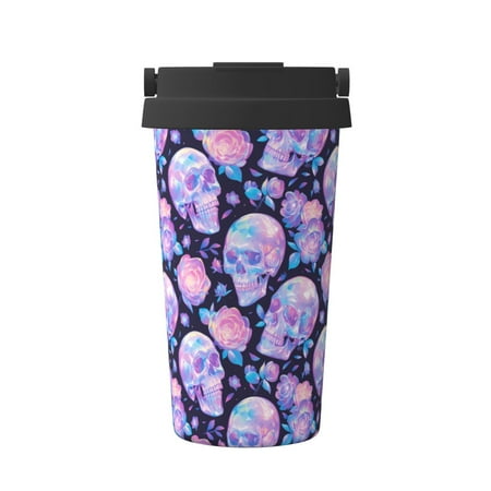 

Uemuo crystal Skull flower Print Carry Insulated Coffee Mug Travel Mug with Hidden Handle Insulated Coffee Flask Leak-proof Travel Mug Insulated Mug for Office