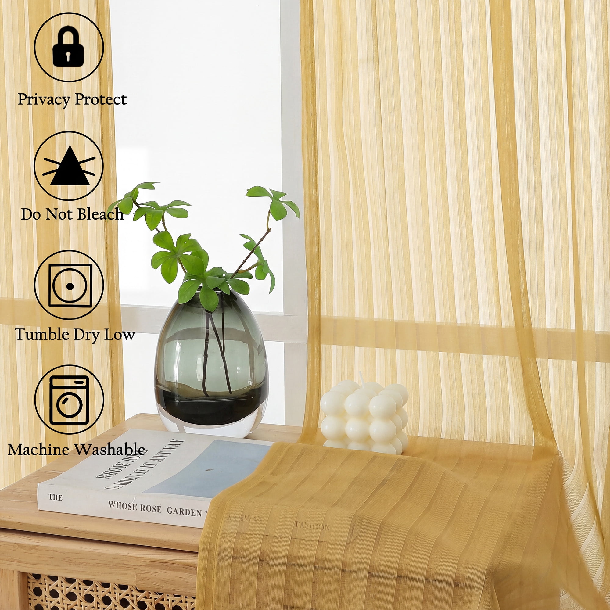 OVZME 63 Inch Vertical Striped Gold Sheer Curtains 2 Panels - Light Filtering Textured Rod Pocket Drapes for Living Room Bedroom, 52"W x 63"L Each, Gold