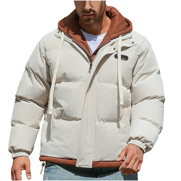 Timoontee Men's Outdoor Windbreaker Solid Zip Up Qulited Jacket Coat Winter Thickened Thermal Warm Hooded Coats Casual Comfy Outerwear Coat Beige S