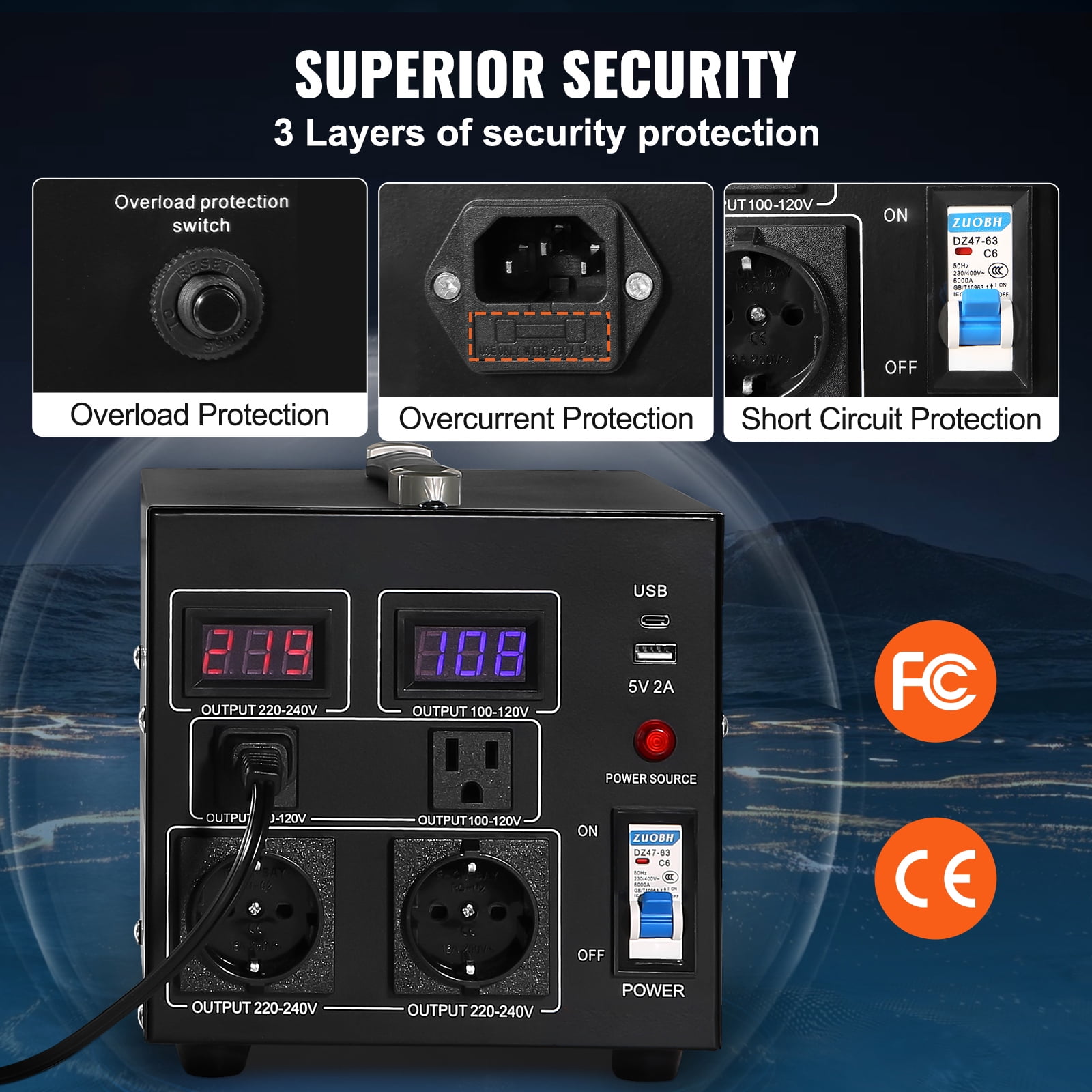 KFFKFF Power Converter, 2000W, Durable Step Up/Down Unit, Switches between 110V and 220V, Includes US and EU Outlets plus 5V USB Port, CE Approved