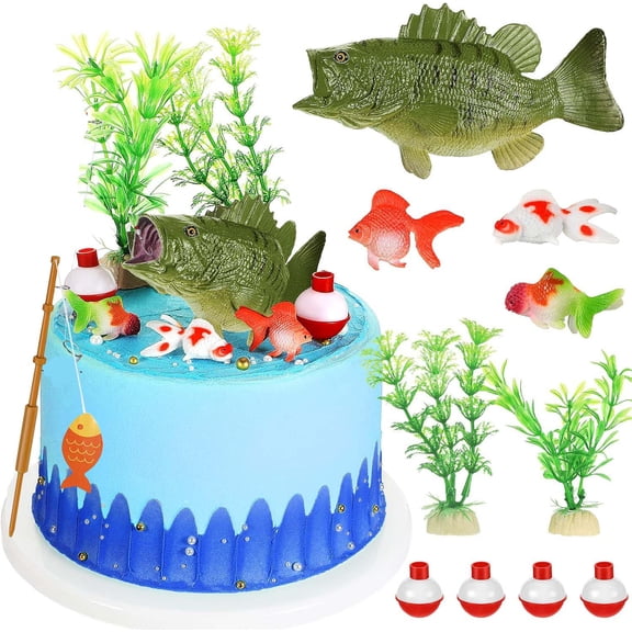 Gone Fishing Cake Decoration Fish Cake Topper Catching the Big One Cake Supplies Fisherman Themed Birthday Cake Topper Sea Bass Figurines for Man Kids Boy Fisherman Gone Fishing