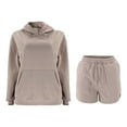 thumbnail image 4 of AHTJRT Women's 2 Pieces Matching Lounge Set Long Sleeve Hoodie and Shorts Sweatsuit Cozy Casual Beach Travel Tracksuit Set Khaki M, 4 of 5