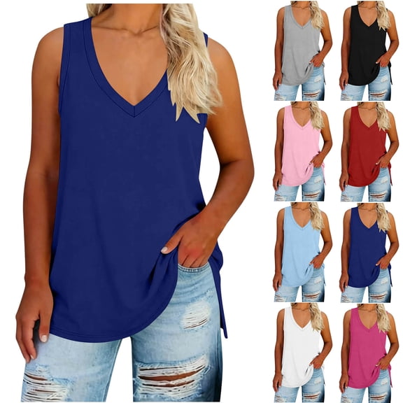Yourumao Plus Size Tank Tops for Women V Neck Sleeveless Tunics Slit Side Solid Basic Tees Loose Summer Tanks for Daily Wear