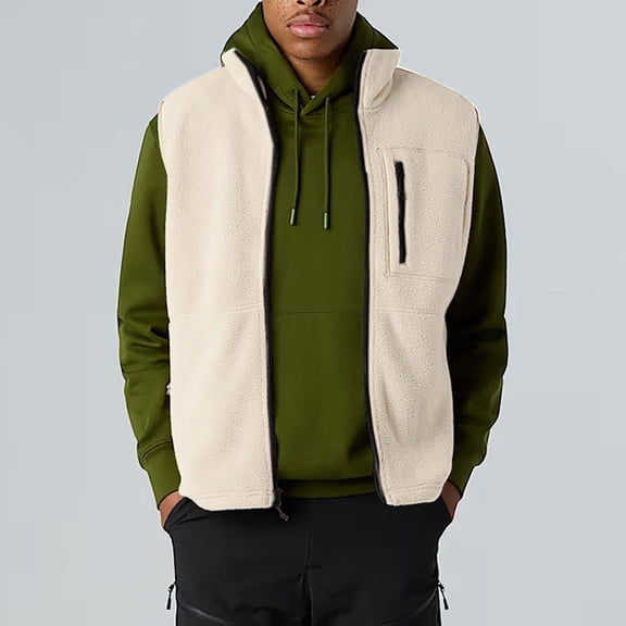 SYMOID Mens Fleece Vest 100% Polyester - Full-Zip, Stand-Up Collar, Side/Chest Zip Pockets, Warm for Layering/Casual/Hiking, Beige,Size 2XL