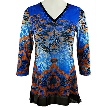 V-neck Vintage Tunic - Boho Chic - Empire, Long Sleeve Vintage Pattern Trimmed V-Neck Lace Hem Tunic