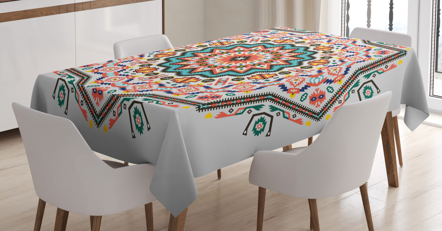 Tribal Decor Tablecloth, Abstract Aztec Style Kaleidoscope Theme Boho Indian Sun Pattern Art