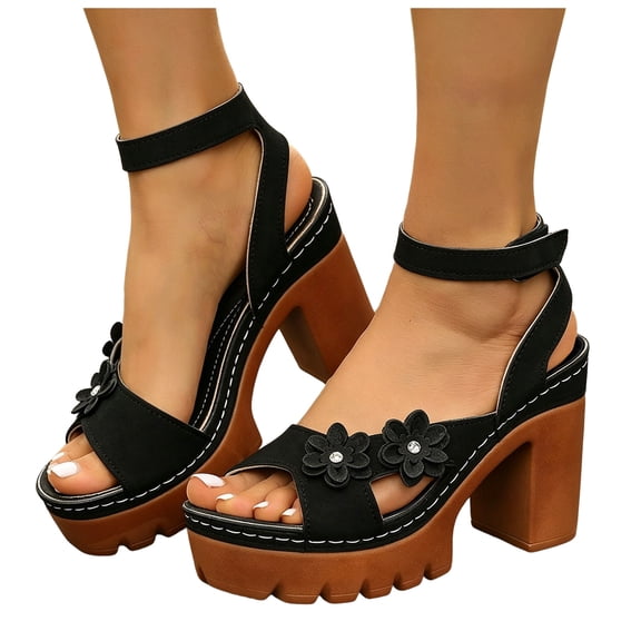 Rokment Womens Floral Platform Dressy Sandals Boho Beach Casual Open Toe Ankle Strap Chunky Lug Heels Dress Summer Shoes Black Size 6.5