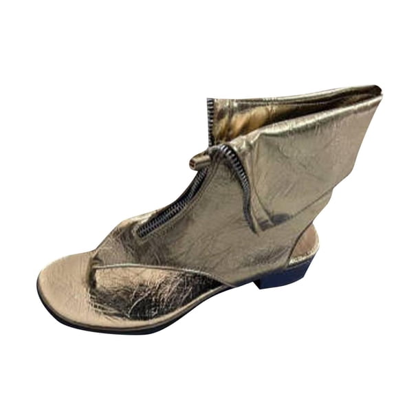 KIJBLAE Women's Zip-Front Thong Ankle Boots, Open-Toe Chunky Heel Sandals, Plus Size Stylish Comfort Footwear for Street & Night Out Gold 36