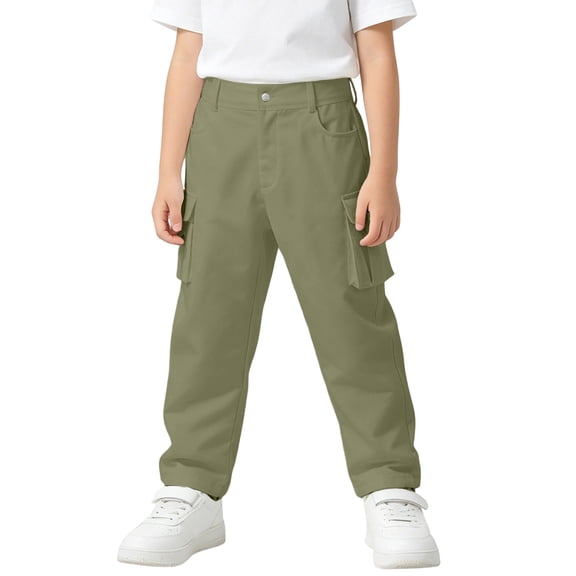 CONZONE Kids Boys Cargo Pants Outdoor Hiking Pants For Child Buttons Solid Color Wide Leg Jogger Trousers With Pockets