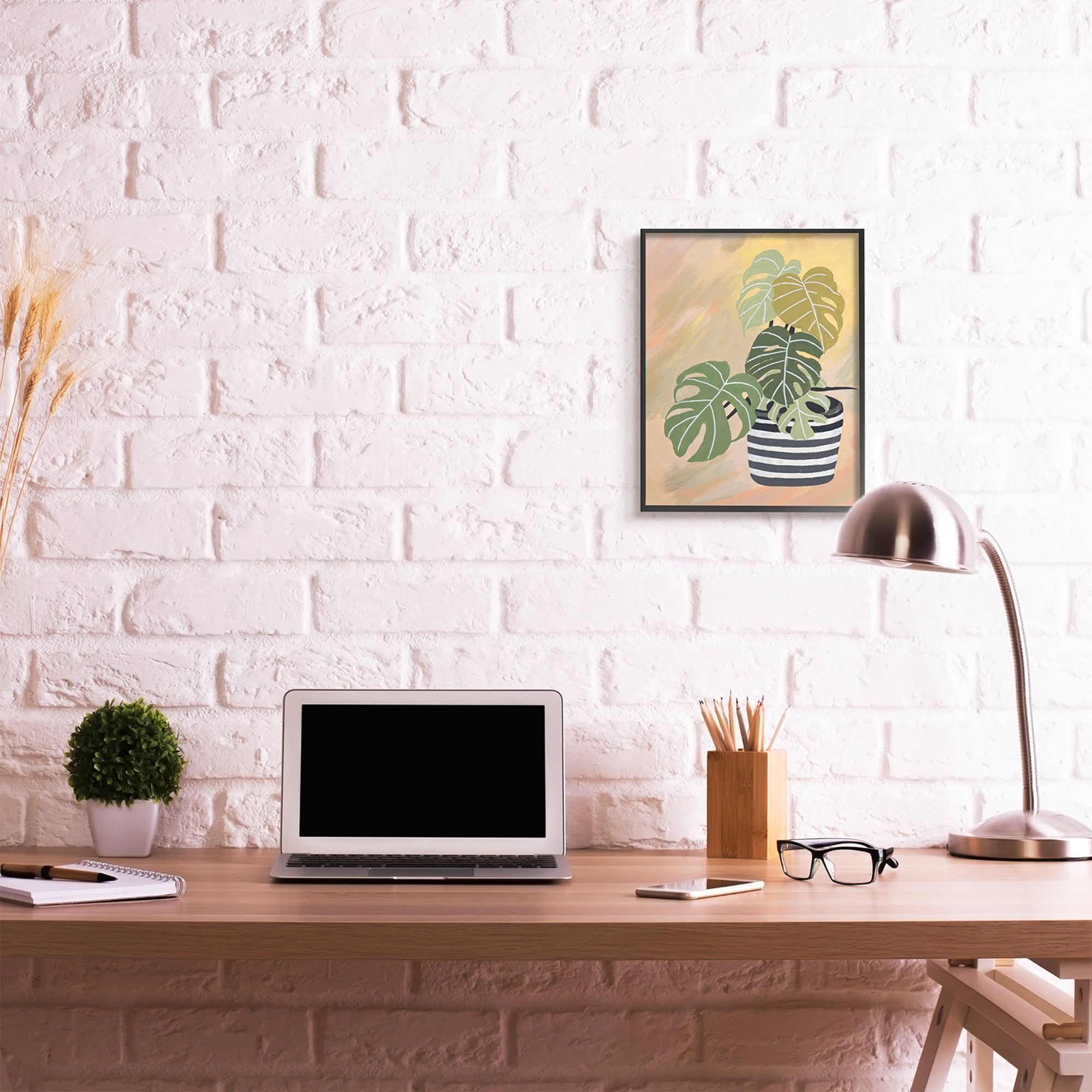 Stupell Industries Tropical Monstera Plant Unique Leaves Over Abstract Botanical & Floral Painting Black Framed Art Print Wall Art, 16 x 20